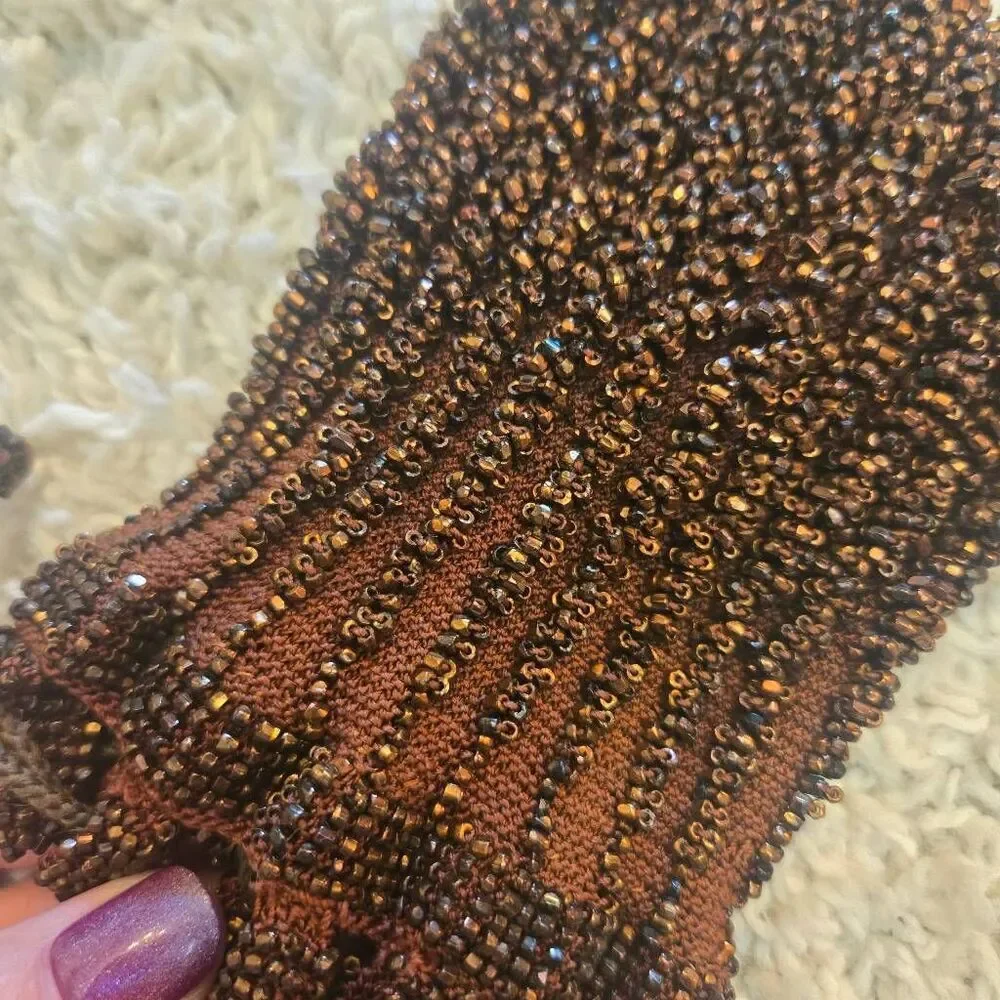 Antique Bronze Brown Bead Flapper Bag Drawstring Purse Pouch